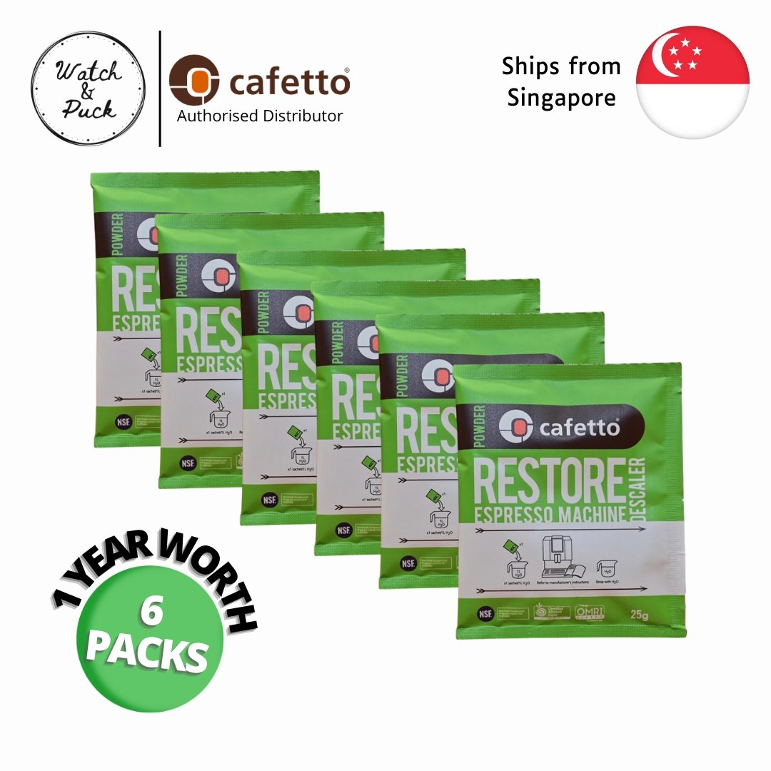 Cafetto Descale Powder Restore for Espresso Machines Cleaning, 25g sachet (6 packs) - Watch&Puck