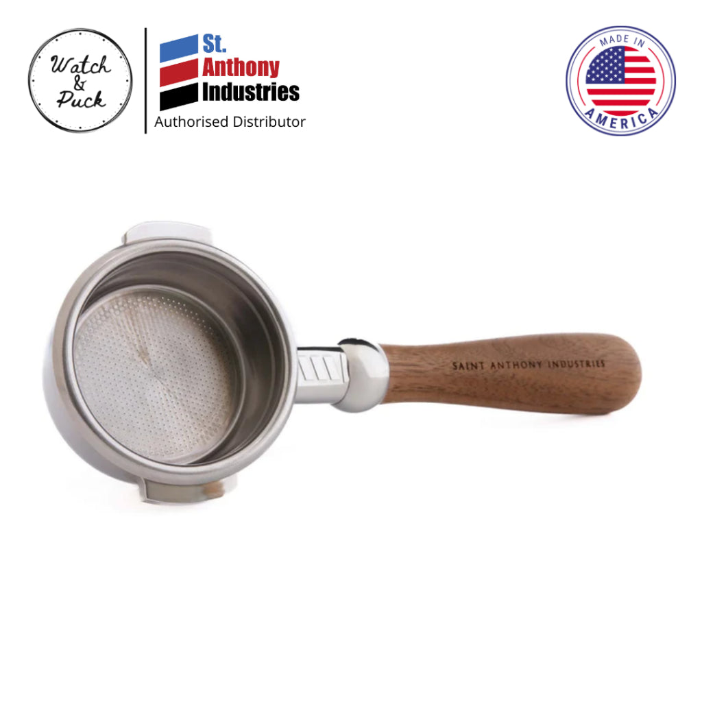 Saint Anthony Industries The Harold, Bottomless 58mm E61 Portafilter, laser engraved wood