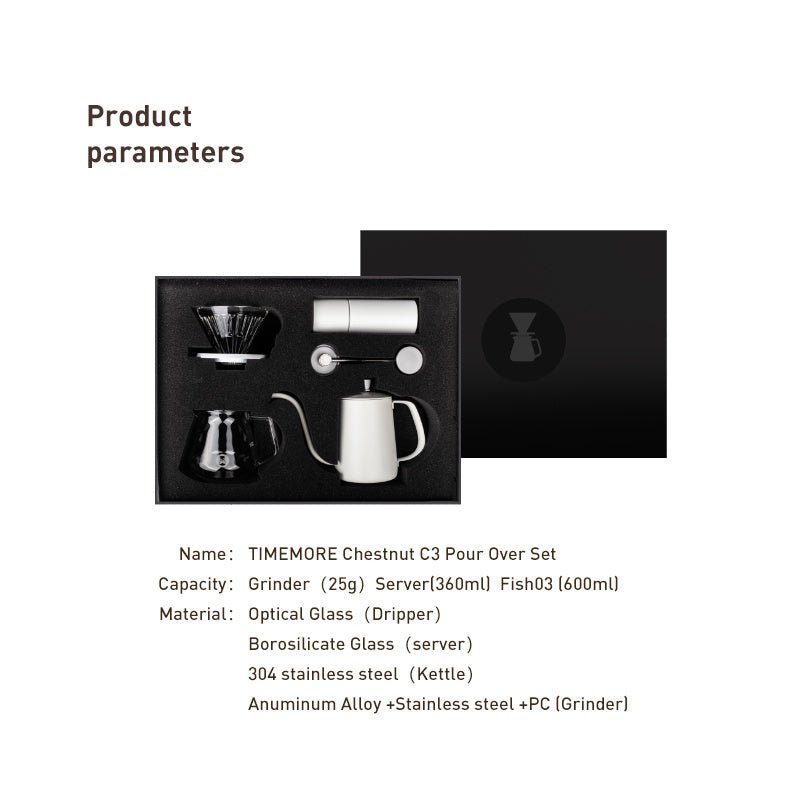 Timemore Pour Over gift set with C3 Grinder, Crystal dripper, filter, thermometer in box - Watch&Puck