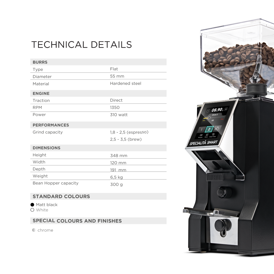 Eureka Mignon Specialita Smart Grinder - Burr Distance Sensor, Silent, Touchscreen, 55mm