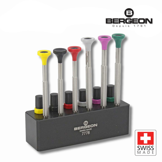 Bergeon 7778 Set of 6 Watchmaking Screwdrivers, Hardened Stainless Steel, Stable base anti-slip film, 6 tubes of blades