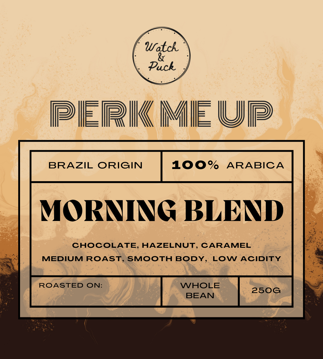 Watch and Puck - Perk Me Up Coffee Bean, 250g, Brazil Origin, 100% Arabica, Whole Beans Only, Fresh Locally Roasted, Suitable for Espresso, Pourover