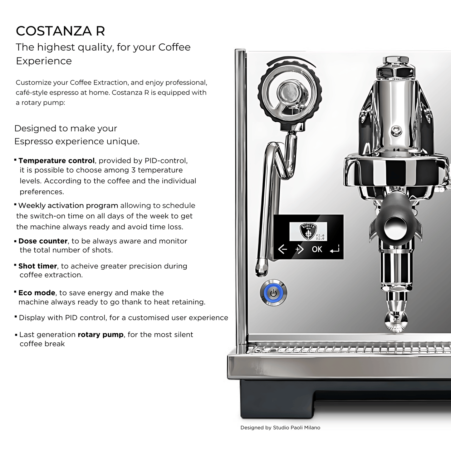Eureka Costanza R Espresso Machine, PID Control, Rotary Pump