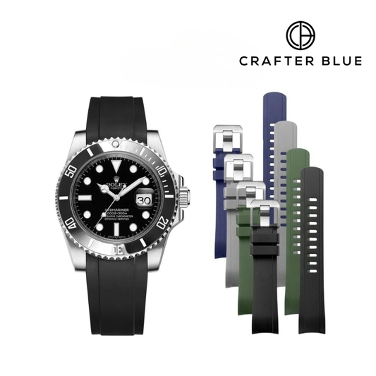 Crafter Blue Curved End Rubber Strap, RX01 model, Submariner, GMT Master I II, Explorer, Sea Dweller,