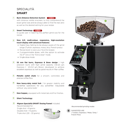 Eureka Mignon Specialita Smart Grinder - Burr Distance Sensor, Silent, Touchscreen, 55mm