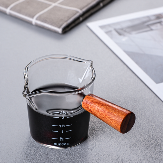 Espresso Shot Measuring Glass, Dual Sprout Dual Shot 2.5 ounces, 70ml, Glass Cup and Wooden Handle