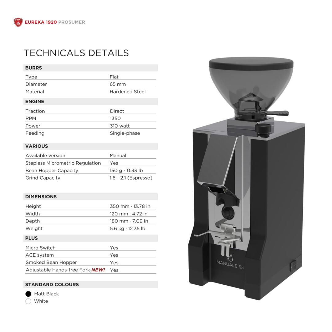 Eureka Mignon Manuale 65 Espresso Grinder, 65mm Flat Burrs, Stepless Grind Adjustment