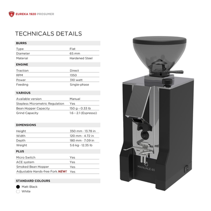 Eureka Mignon Manuale 65 Espresso Grinder, 65mm Flat Burrs, Stepless Grind Adjustment