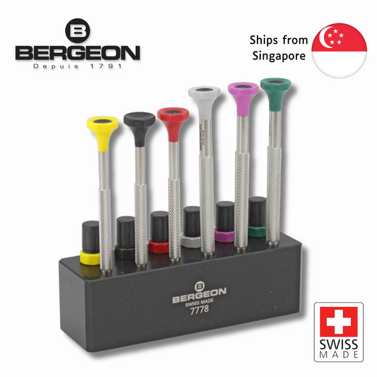 Bergeon 7778 Set of 6 Watchmaking Screwdrivers, Hardened Stainless Steel, Stable base anti-slip film, 6 tubes of blades