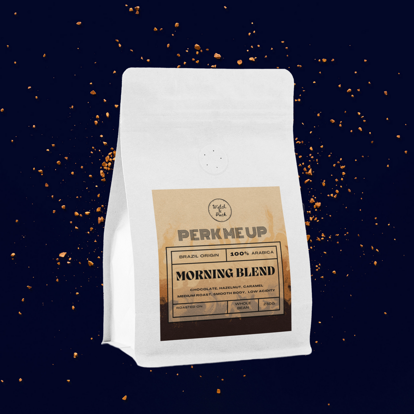 Watch and Puck - Perk Me Up Coffee Bean, 250g, Brazil Origin, 100% Arabica, Whole Beans Only, Fresh Locally Roasted, Suitable for Espresso, Pourover